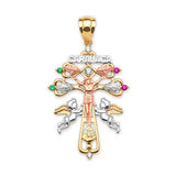 Green, White & Red CZ Crucifix Pendant in 14K Tri-Color Gold