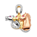 Red CZ Horse Mens Pendant in 14K Tri-Color Gold
