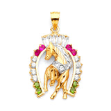Green, White & Red CZ Horse Mens Pendant in 14K Two-Tone Gold
