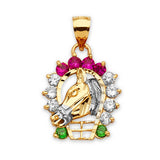 Green, White & Red CZ Horse Mens Pendant in 14K Two-Tone Gold