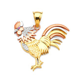 Red & White CZ Rooster Mens Pendant in 14K Tri-Color Gold