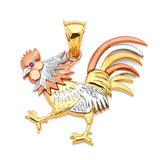 Red & White CZ Rooster Mens Pendant in 14K Tri-Color Gold
