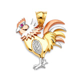 Red & White CZ Rooster Mens Pendant in 14K Tri-Color Gold