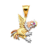 Red CZ Rooster Mens Pendant in 14K Tri-Color Gold
