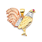 Red CZ Rooster Mens Pendant in 14K Tri-Color Gold