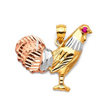 Red CZ Rooster Mens Pendant in 14K Tri-Color Gold