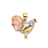 Red CZ Rooster Mens Pendant in 14K Tri-Color Gold