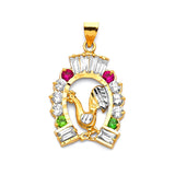Green, White & Red CZ Rooster Mens Pendant in 14K Two-Tone Gold