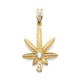 White CZ Marijuana Mens Pendant in 14K Two-Tone Gold