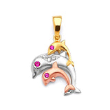 Red & White CZ Dolphin Ladies Pendant in 14K Tri-Color Gold