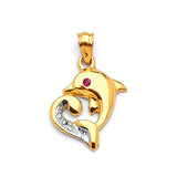 Red & White CZ Dolphin Ladies Pendant in 14K Two-Tone Gold
