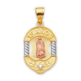 White CZ Guadalupe Quinceañera Pendant in 14K Tri-Color Gold
