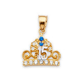 Blue & White CZ Tiara Quinceañera Pendant in 14K Two-Tone Gold