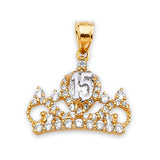 White CZ Tiara Quinceañera Pendant in 14K Two-Tone Gold