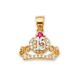 Red & White CZ Tiara Quinceañera Pendant in 14K Two-Tone Gold