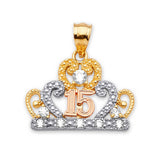 White CZ Tiara Quinceañera Pendant in 14K Tri-Color Gold