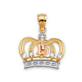 White CZ Tiara Quinceañera Pendant in 14K Tri-Color Gold