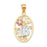 White CZ Flower Sweet 16 Pendant in 14K Tri-Color Gold