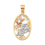 White CZ Flower Quinceañera Pendant in 14K Tri-Color Gold