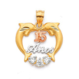 White CZ Dolphin Quinceañera Pendant in 14K Tri-Color Gold