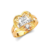White CZ Heart Ladies Ring in 14K Tri-Color Gold