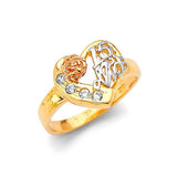White CZ Heart Ladies Ring in 14K Tri-Color Gold