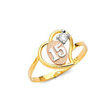 White CZ Heart Ladies Ring in 14K Tri-Color Gold