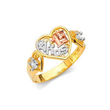 White CZ Heart Ladies Ring in 14K Tri-Color Gold