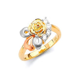 White CZ Flower Ladies Ring in 14K Tri-Color Gold
