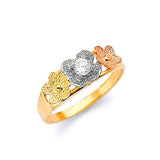 White CZ Flower Ladies Ring in 14K Tri-Color Gold