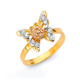 White CZ Butterfly Ladies Ring in 14K Tri-Color Gold