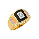 White CZ and Onyx Fancy Mens Ring in 14K Tri-Color Gold