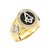 White CZ and Onyx Masonic Mens Ring in 14K Two-Tone Gold