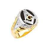 White CZ and Onyx Masonic Mens Ring in 14K Two-Tone Gold