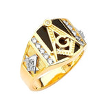 White CZ and Onyx Masonic Mens Ring in 14K Two-Tone Gold