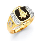 White CZ and Onyx Masonic Mens Ring in 14K Two-Tone Gold