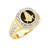 White CZ and Onyx Masonic Mens Ring in 14K Two-Tone Gold
