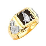 White CZ and Onyx Masonic Mens Ring in 14K Two-Tone Gold