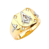 White CZ Masonic Mens Ring in 14K Two-Tone Gold