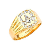 White CZ Masonic Mens Ring in 14K Two-Tone Gold