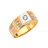 White CZ Fancy Mens Ring in 14K Tri-Color Gold