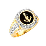 White CZ and Onyx Anchor Mens Ring in 14K Two-Tone Gold