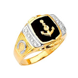 White CZ and Onyx Anchor Mens Ring in 14K Two-Tone Gold