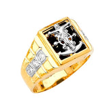 White CZ and Onyx Crucifix Mens Ring in 14K Two-Tone Gold