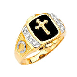 White CZ and Onyx Crucifix Mens Ring in 14K Two-Tone Gold
