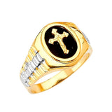 Onyx Crucifix Mens Ring in 14K Two-Tone Gold