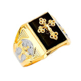 Onyx Crucifix Mens Ring in 14K Two-Tone Gold