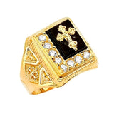 White CZ and Onyx Crucifix Mens Ring in 14K Gold