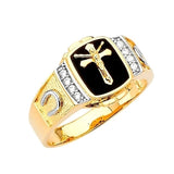 White CZ and Onyx Crucifix Mens Ring in 14K Two-Tone Gold