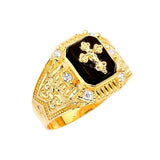 White CZ and Onyx Crucifix Mens Ring in 14K Gold